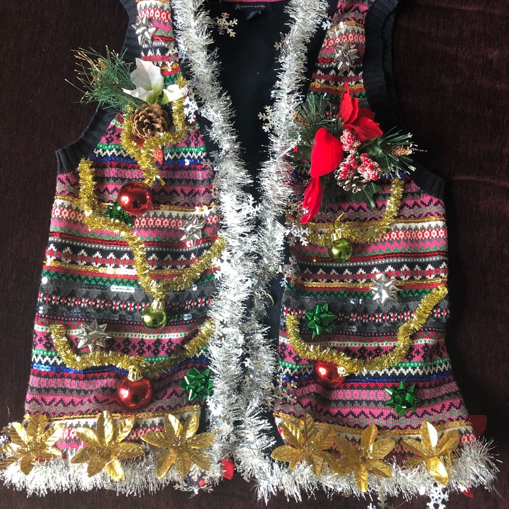 Ugly‎ Christmas Sweater Holiday Handmade Vest Tinsel Jingle Bells Bows WN LRG